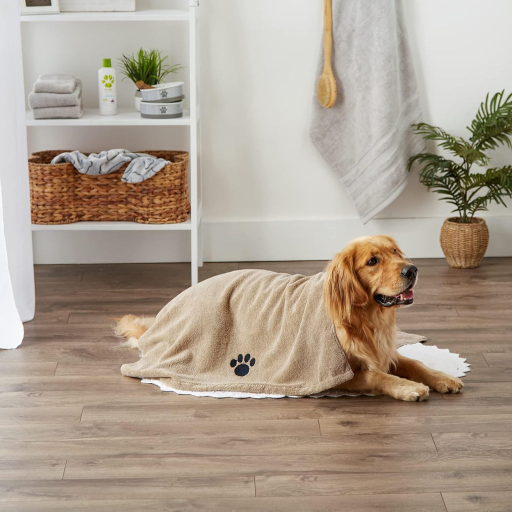 Pet Drying Collection Embroidered Terry Microfiber, Towel X-Large, 41X23.5", Taupe with Black Paw Print