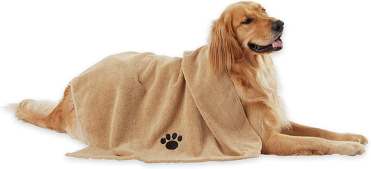Pet Drying Collection Embroidered Terry Microfiber, Towel X-Large, 41X23.5", Taupe with Black Paw Print